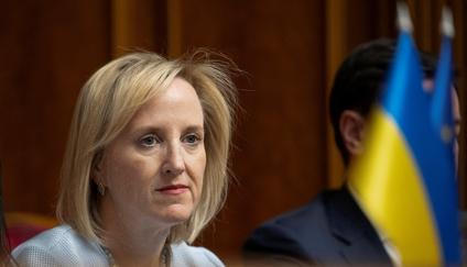 FILE PHOTO: Julie Davis, U.S. Chargé d'Affaires ad interim to Ukraine, attends a session of Ukrainian parliament during a ratification of the deal with the United States about mineral resourcesin Kyiv