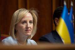 FILE PHOTO: Julie Davis, U.S. Chargé d'Affaires ad interim to Ukraine, attends a session of Ukrainian parliament during a ratification of the deal with the United States about mineral resourcesin Kyiv