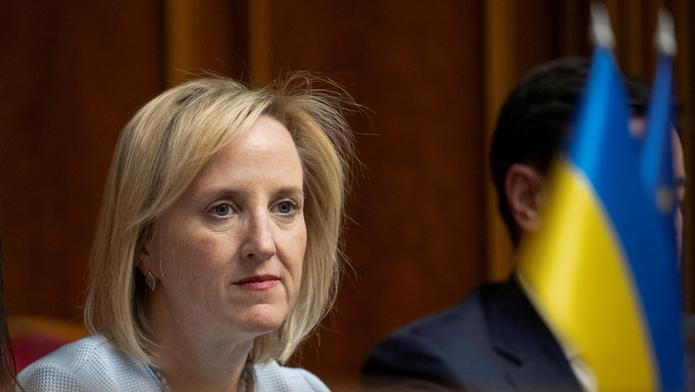 FILE PHOTO: Julie Davis, U.S. Chargé d'Affaires ad interim to Ukraine, attends a session of Ukrainian parliament during a ratification of the deal with the United States about mineral resourcesin Kyiv
