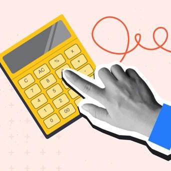 Hand,Clicks,Button,On,A,Calculator.,Modern,Photo,Collage,Style.