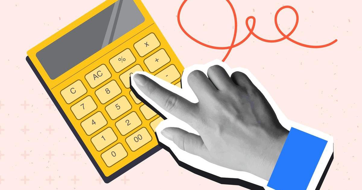 Hand,Clicks,Button,On,A,Calculator.,Modern,Photo,Collage,Style.