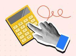 Hand,Clicks,Button,On,A,Calculator.,Modern,Photo,Collage,Style.