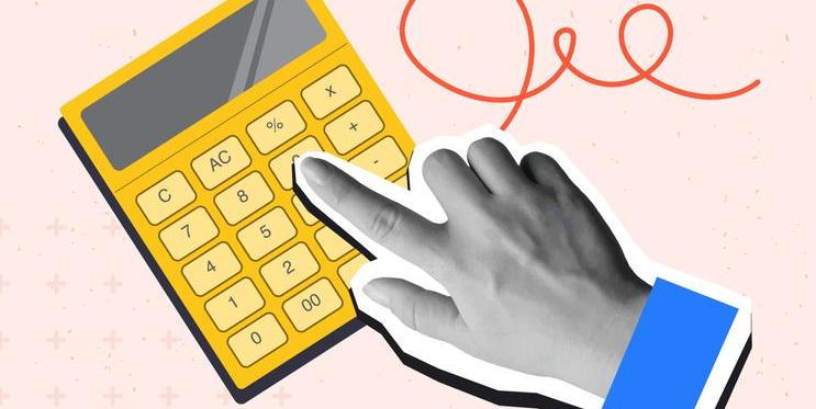 Hand,Clicks,Button,On,A,Calculator.,Modern,Photo,Collage,Style.
