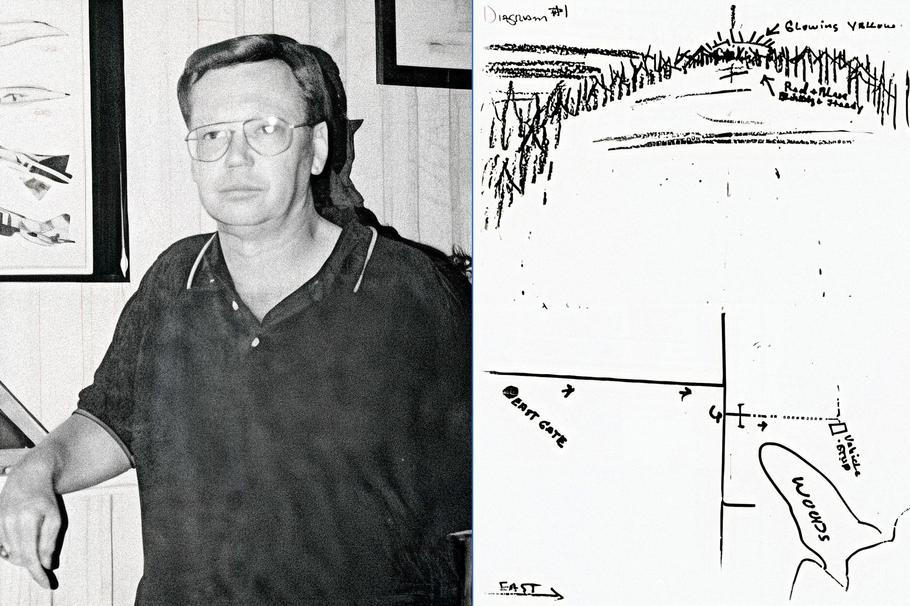 Jim Penniston a jeho nákresy místa přistání UFO.