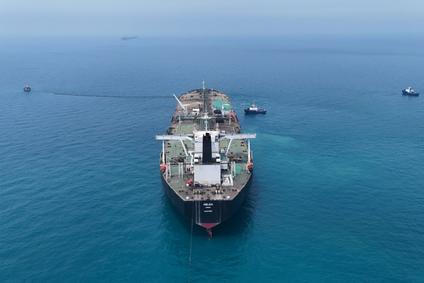 Drone view of oil tanker HELGA berthed at one of Iraq's southern offshore oil terminals near Basra
