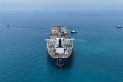Drone view of oil tanker HELGA berthed at one of Iraq's southern offshore oil terminals near Basra