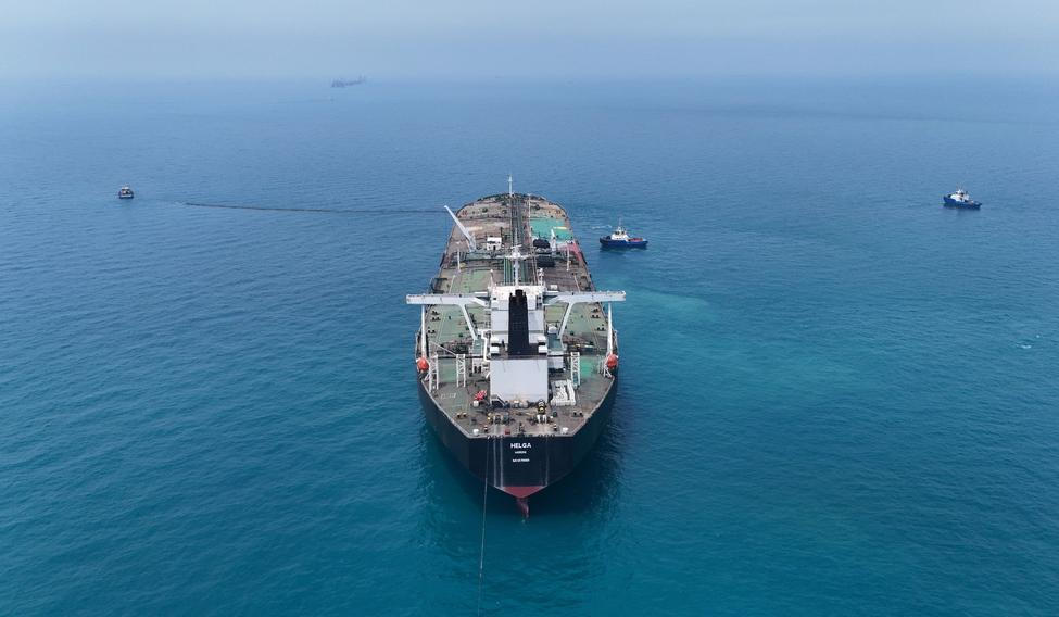 Drone view of oil tanker HELGA berthed at one of Iraq's southern offshore oil terminals near Basra