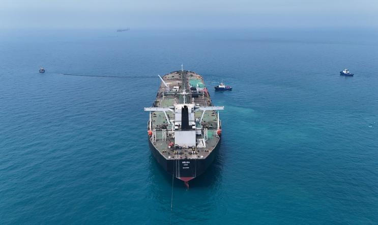 Drone view of oil tanker HELGA berthed at one of Iraq's southern offshore oil terminals near Basra