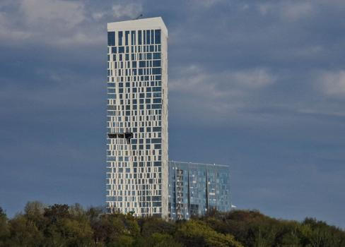 The damaged facade of a high-rise building following a drone attack, amid the Russia-Ukraine conflict, in Moscow
