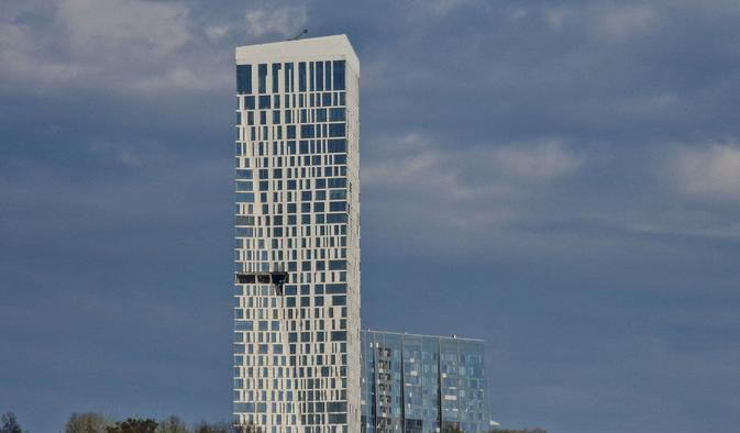 The damaged facade of a high-rise building following a drone attack, amid the Russia-Ukraine conflict, in Moscow