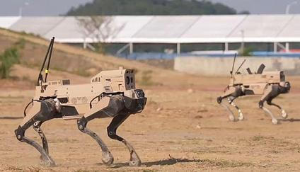 Čtyřnozí roboti označovaní jako Robot Wolf při cvičení čínské armády. Na hřbetech nesou výzbroj, vpředu komunikační anténu. Výrobcem je státní zbrojovka China South Industries Group.