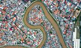 A drone view shows residential area in Jakarta