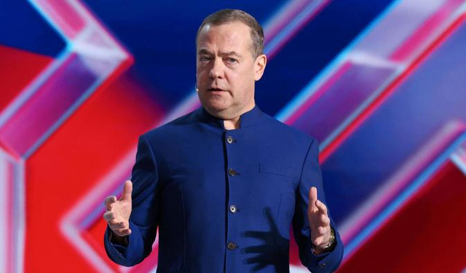 Deputy Chairman of the Russian Security Council Dmitry Medvedev speaks during an event in Moscow