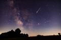Milky,Way,Stars,With,Meteor,Shower,Trails,And,Countryside,Silhouettes.