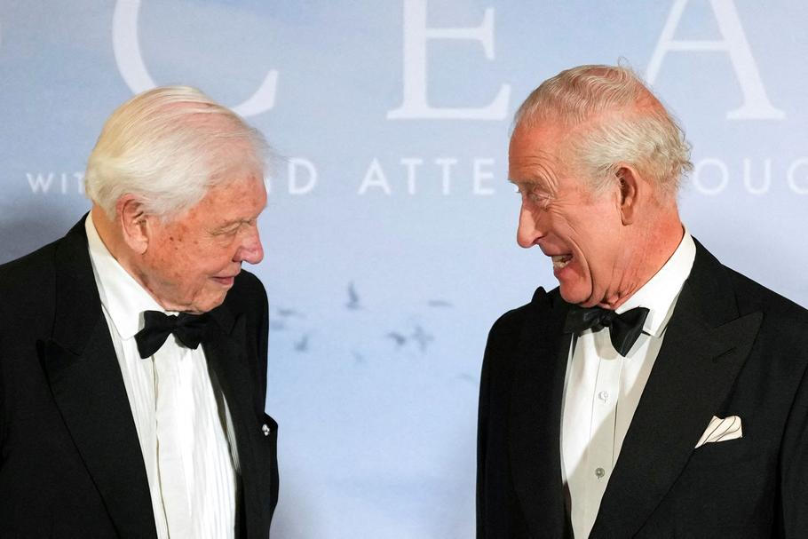 FILE PHOTO: Britain's King Charles meets broadcaster and biologist David Attenborough as he attends the 'Ocean with David Attenborough' Film Premiere in London