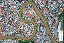 A drone view shows residential area in Jakarta