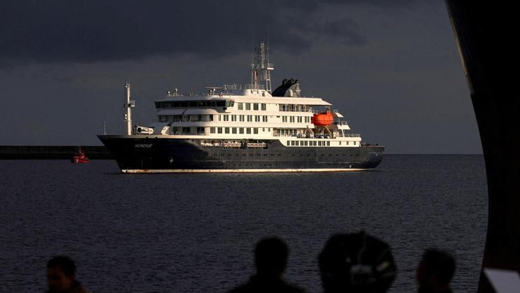 Cruise ship MV Hondius arrives at the port of Granadilla de Abona after being affected by a hantavirus outbreak, in Tenerife