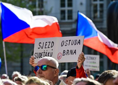 protest, shromáždění proti konání sjezdu sudetských Němců, česká vlajka
