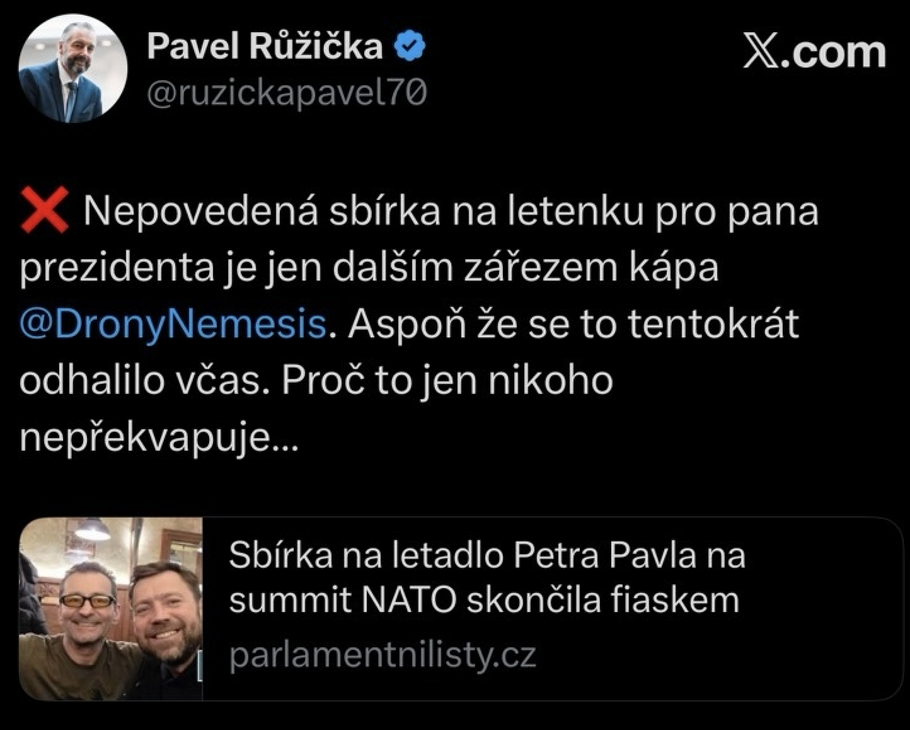 Příspěvek, který minulý týden sdílel poslanec ANO Pavel Růžička, už není k nalezení.