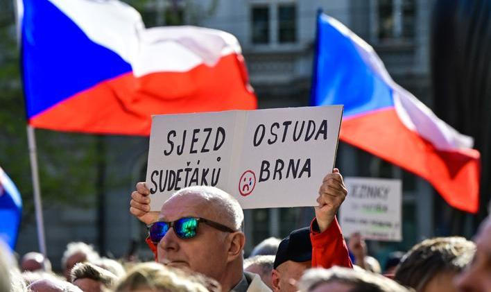 protest, shromáždění proti konání sjezdu sudetských Němců, česká vlajka