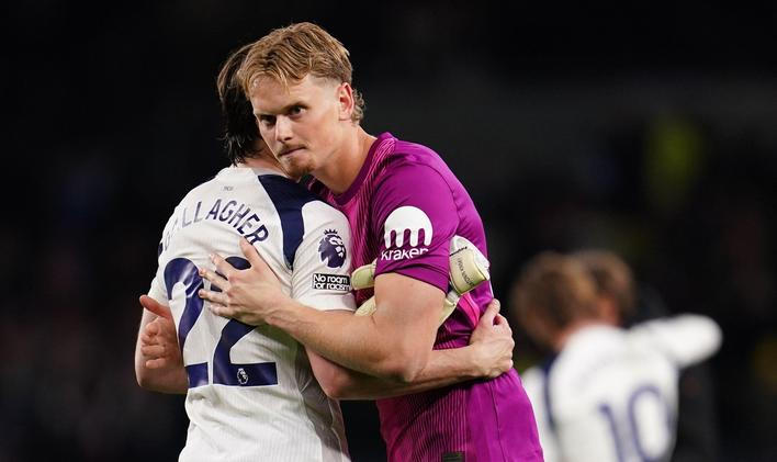 Tottenham Hotspur goalkeeper Antonin Kinsky and Conor Gallagher of Tottenham Hotspur comfort each other at full time during the Premier League match Tottenham Hotspur vs Leeds United at Tottenham Hotspur Stadium, London, United Kingdom on 11 May 2026  (Ph