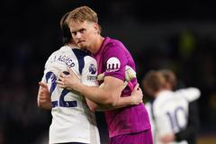 Tottenham Hotspur goalkeeper Antonin Kinsky and Conor Gallagher of Tottenham Hotspur comfort each other at full time during the Premier League match Tottenham Hotspur vs Leeds United at Tottenham Hotspur Stadium, London, United Kingdom on 11 May 2026  (Ph