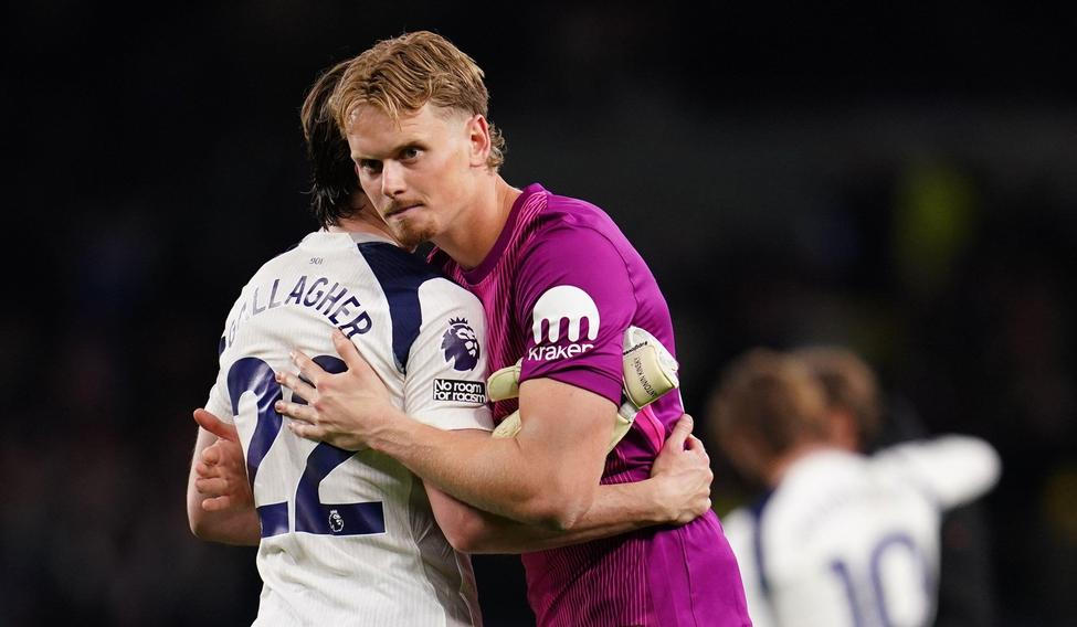 Tottenham Hotspur goalkeeper Antonin Kinsky and Conor Gallagher of Tottenham Hotspur comfort each other at full time during the Premier League match Tottenham Hotspur vs Leeds United at Tottenham Hotspur Stadium, London, United Kingdom on 11 May 2026  (Ph