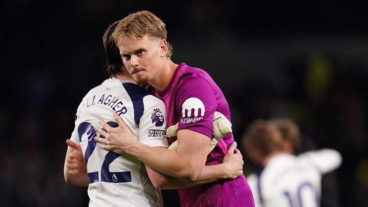 Tottenham Hotspur goalkeeper Antonin Kinsky and Conor Gallagher of Tottenham Hotspur comfort each other at full time during the Premier League match Tottenham Hotspur vs Leeds United at Tottenham Hotspur Stadium, London, United Kingdom on 11 May 2026  (Ph