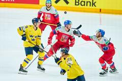 Libor Hajek CZE Nr. 55 Ondrej Beranek CZE Nr. 8 compete, zweikampf, fight for the puck against Joel Eriksson EK SWE Nr.