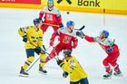 Libor Hajek CZE Nr. 55 Ondrej Beranek CZE Nr. 8 compete, zweikampf, fight for the puck against Joel Eriksson EK SWE Nr.