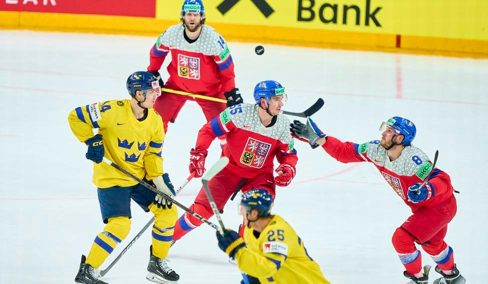 Libor Hajek CZE Nr. 55 Ondrej Beranek CZE Nr. 8 compete, zweikampf, fight for the puck against Joel Eriksson EK SWE Nr.