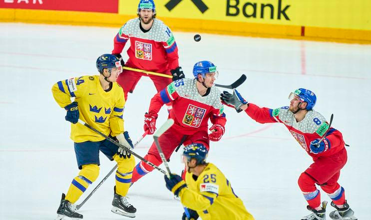 Libor Hajek CZE Nr. 55 Ondrej Beranek CZE Nr. 8 compete, zweikampf, fight for the puck against Joel Eriksson EK SWE Nr.