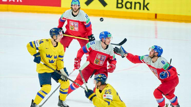 Libor Hajek CZE Nr. 55 Ondrej Beranek CZE Nr. 8 compete, zweikampf, fight for the puck against Joel Eriksson EK SWE Nr.