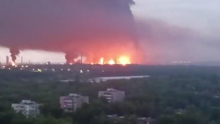 Fire and a thick plume of smoke rise in the vicinity of the Ryazan oil refinery, amid the Russia-Ukraine conflict in Ryazan