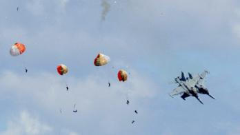 Military jets' crew members eject safely following a mid-air collision during the Idaho air show outside Mountain Home Air Force Base in Idaho