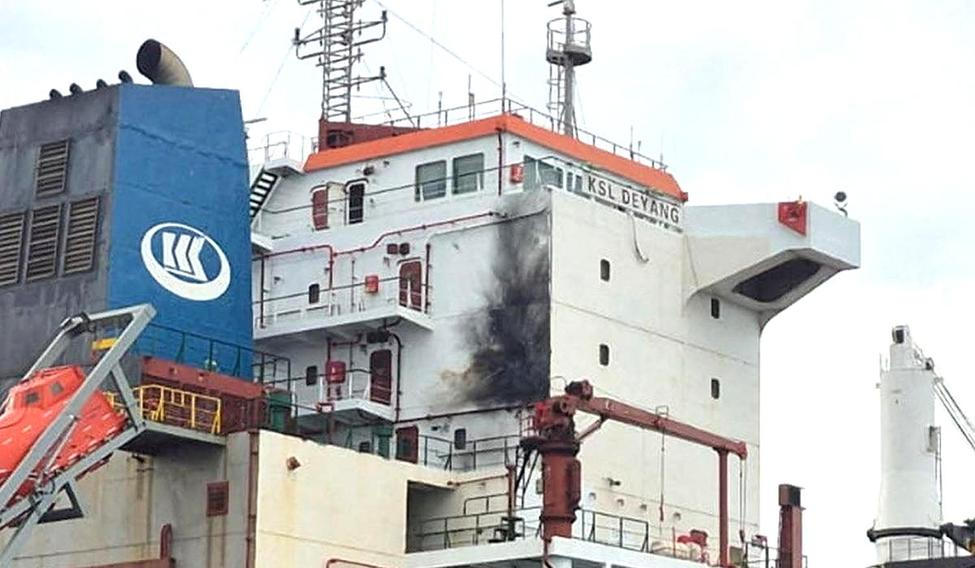 Charring on Ksl Deyang vessel after a strike on the Chinese-owned cargo vessel, according to Ukrainian authorities
