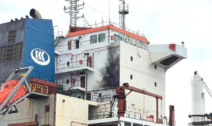 Charring on Ksl Deyang vessel after a strike on the Chinese-owned cargo vessel, according to Ukrainian authorities