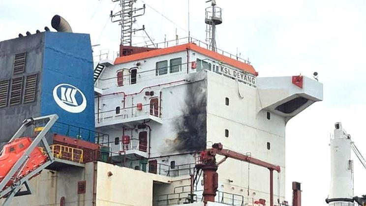 Charring on Ksl Deyang vessel after a strike on the Chinese-owned cargo vessel, according to Ukrainian authorities
