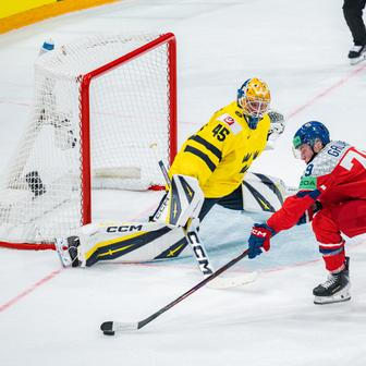 Magnus Hellberg a Tomáš Galvas v zápase MS 2026 Česko - Švédsko