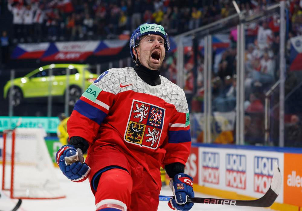 Jakub Flek slaví gól v zápase MS 2026 Česko - Švédsko.