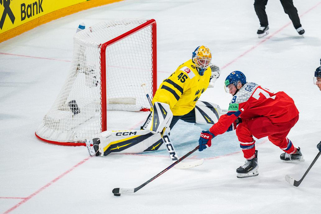 Magnus Hellberg a Tomáš Galvas v zápase MS 2026 Česko - Švédsko