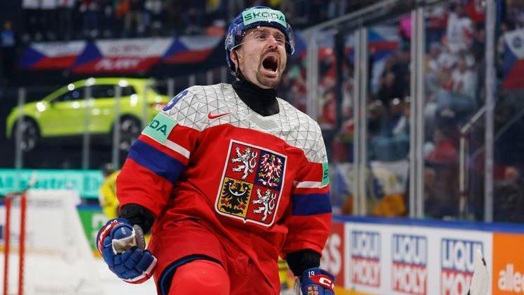 Jakub Flek slaví gól v zápase MS 2026 Česko - Švédsko.