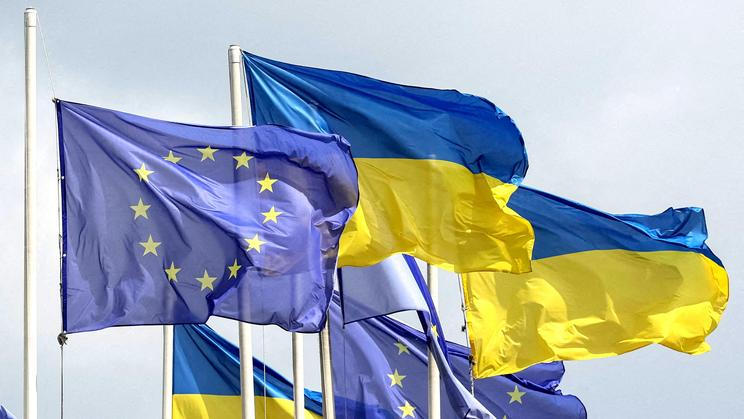 FILE PHOTO: Ukrainian and European flags fly in central Kyiv