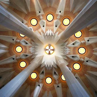 View of the ceiling inside the Tower of Jesus Christ in the Basilica of the Sagrada Familia.