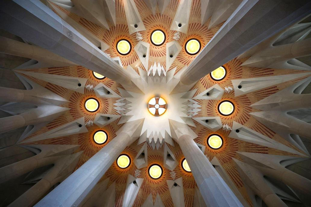 View of the ceiling inside the Tower of Jesus Christ in the Basilica of the Sagrada Familia.