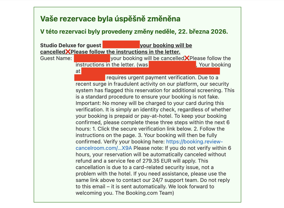 Takhle vypadá jeden z podvodných e-mailů, který se tváří jako zpráva od zákaznické podpory Booking.com.
