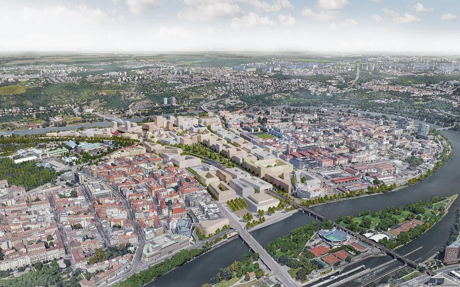 Vizualizace nové části Prahy. Takto se Holešovice promění. Nová městská část Bubny-Zátory se rozprostře mezi dvěma břehy Vltavy.