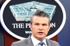 U.S. Defense Secretary Hegseth and Chairman of the Joint Chiefs of Staff General Caine hold a briefing on the Iran war, at the Pentagon