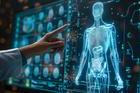 A,Doctor's,Hand,Points,To,A,Glowing,,Futuristic,Holographic,Display