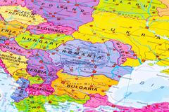 Bucharest, Romania - March 27 2022: Map of Romania, Europe, European Union, with state borders, capital cities, rivers and seas, close up